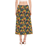 Bird Of Paradise Flower Pattern Print Side Slit Midi Skirt