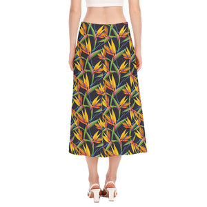 Bird Of Paradise Flower Pattern Print Side Slit Midi Skirt