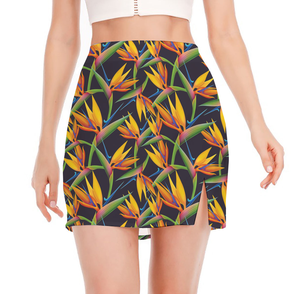 Bird Of Paradise Flower Pattern Print Side Slit Mini Skirt