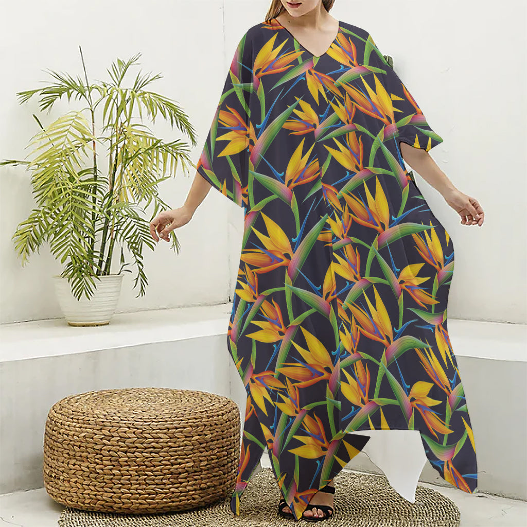 Bird Of Paradise Flower Pattern Print Silk V-Neck Kaftan Dress