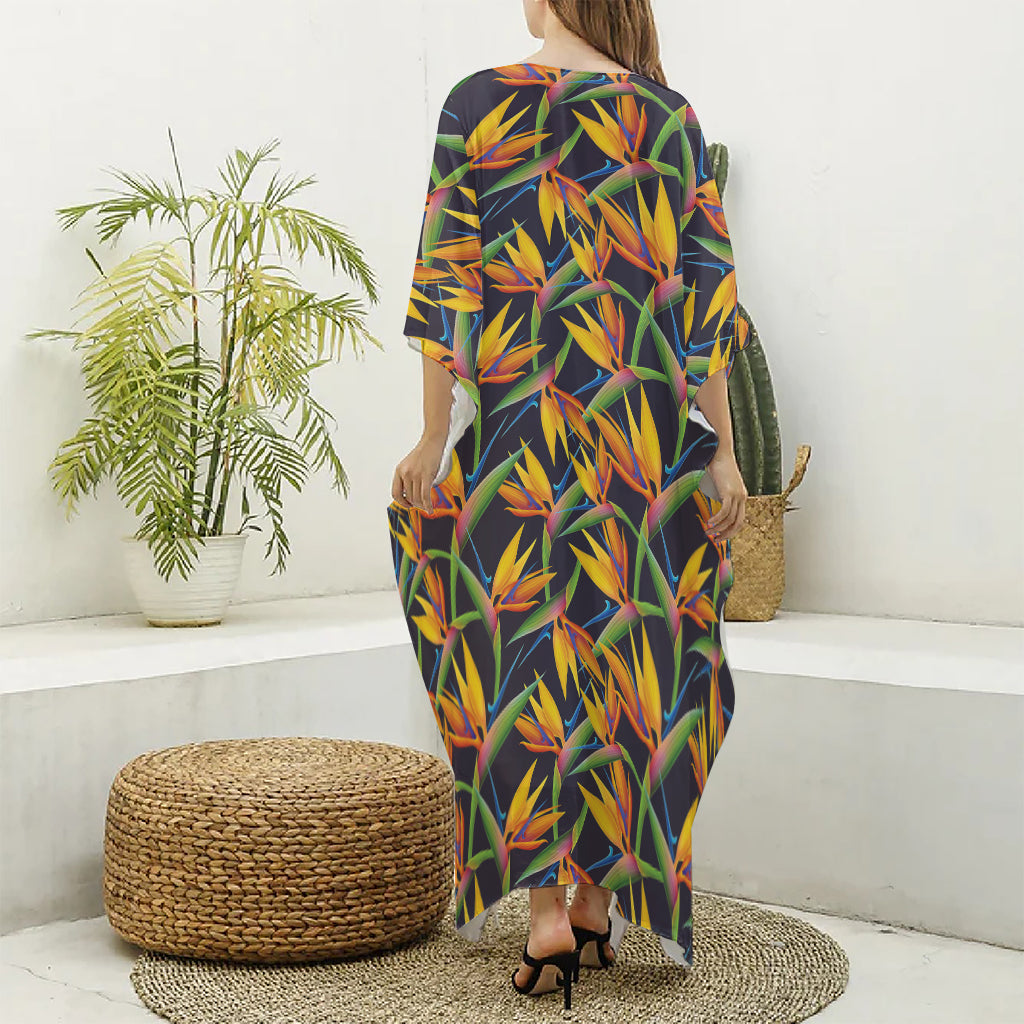 Bird Of Paradise Flower Pattern Print Silk V-Neck Kaftan Dress