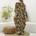 Bird Of Paradise Flower Pattern Print Silk V-Neck Kaftan Dress