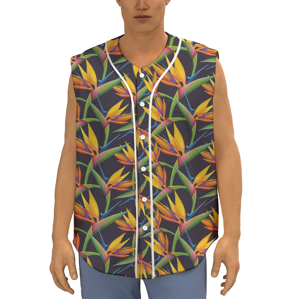 Bird Of Paradise Flower Pattern Print Sleeveless Baseball Jersey