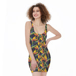 Bird Of Paradise Flower Pattern Print Sleeveless Bodycon Dress