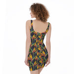 Bird Of Paradise Flower Pattern Print Sleeveless Bodycon Dress