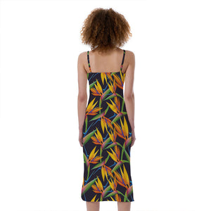 Bird Of Paradise Flower Pattern Print Slim Fit Midi Cami Dress