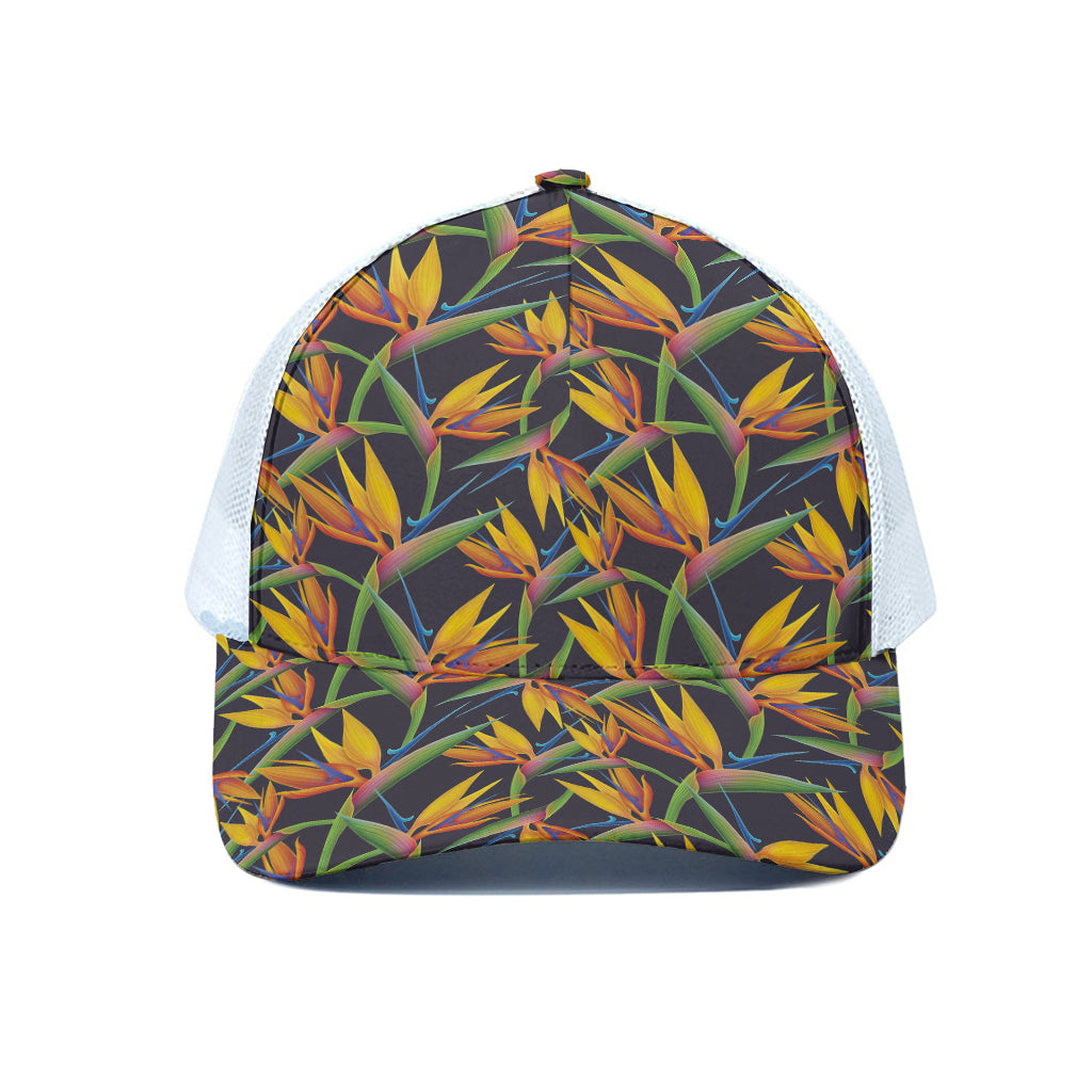 Bird Of Paradise Flower Pattern Print White Mesh Trucker Cap