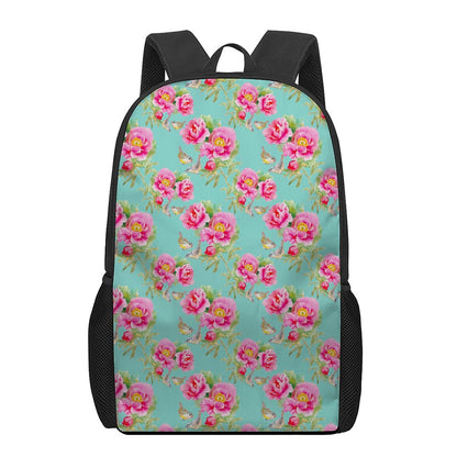 Bird Pink Floral Flower Pattern Print 17 Inch Backpack