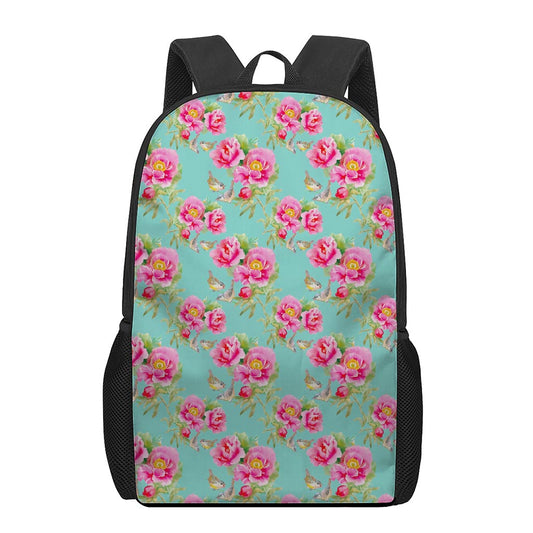 Bird Pink Floral Flower Pattern Print 17 Inch Backpack