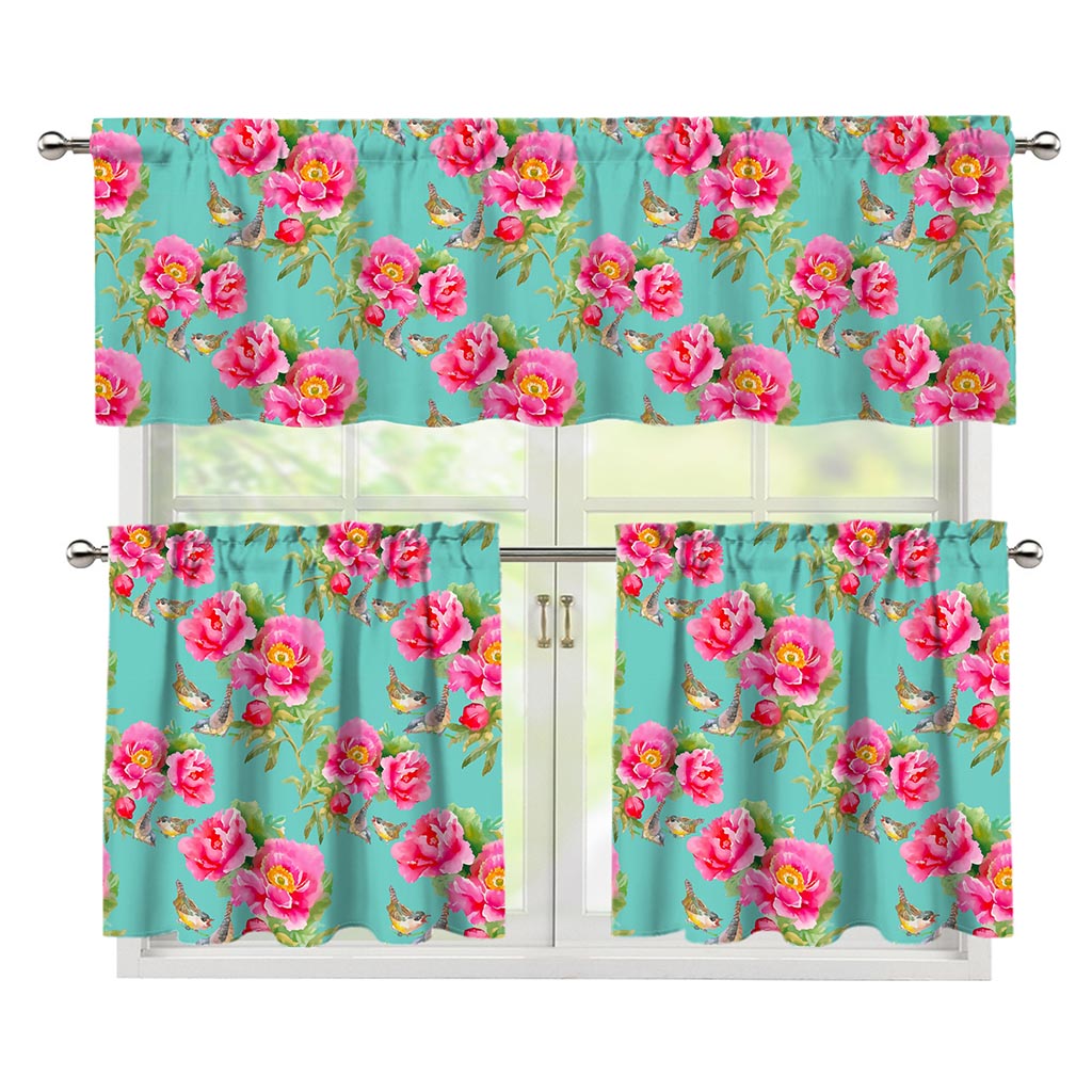 Bird Pink Floral Flower Pattern Print 3 Piece Kitchen Curtains