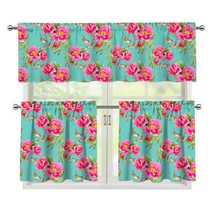 Bird Pink Floral Flower Pattern Print 3 Piece Kitchen Curtains