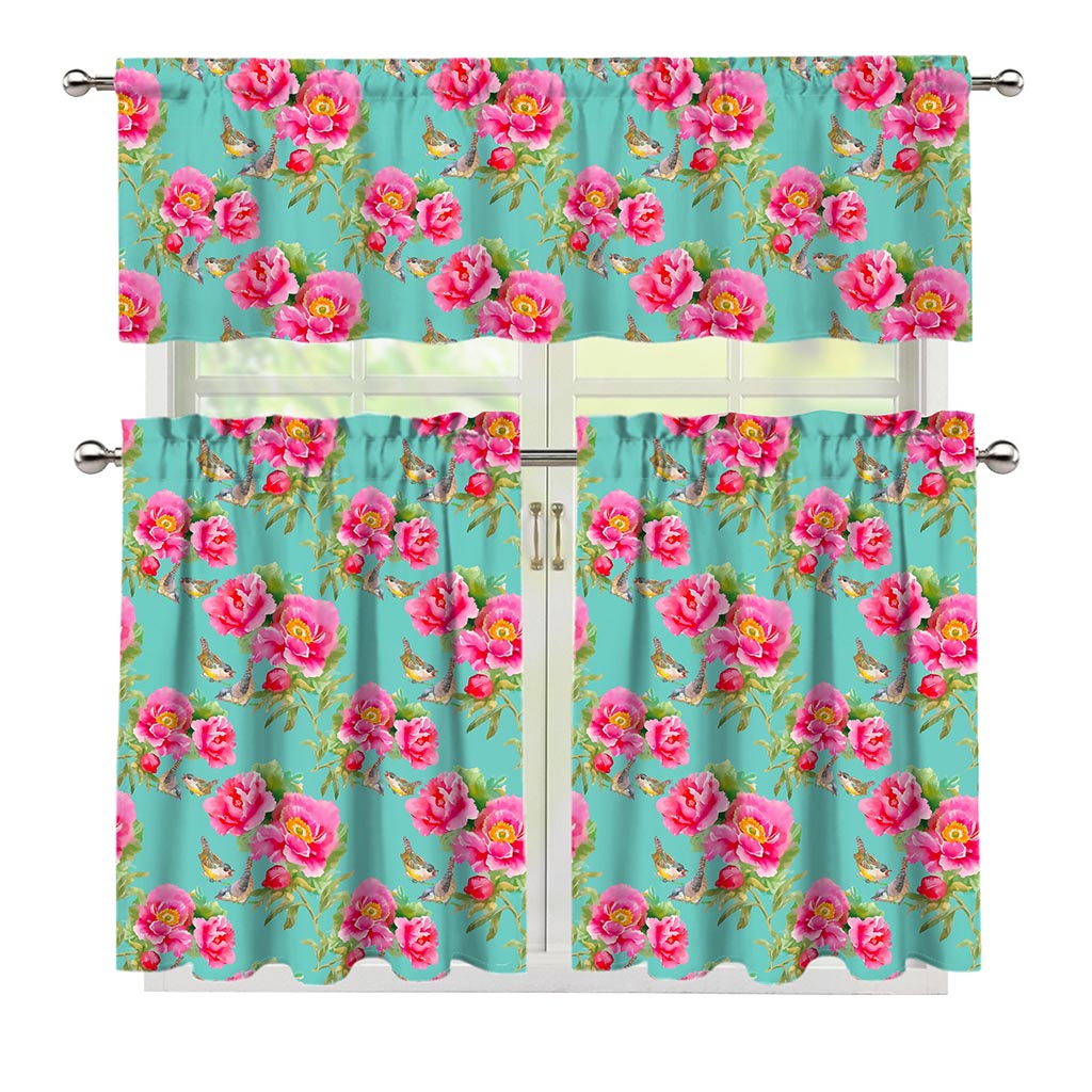 Bird Pink Floral Flower Pattern Print 3 Piece Kitchen Curtains