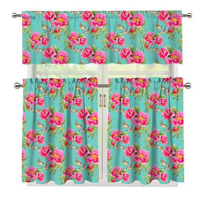 Bird Pink Floral Flower Pattern Print 3 Piece Kitchen Curtains