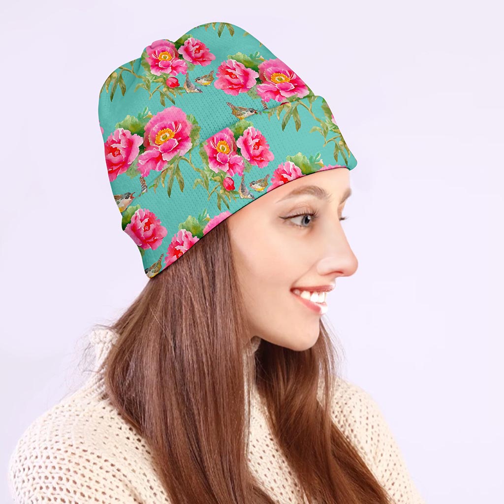 Bird Pink Floral Flower Pattern Print Beanie