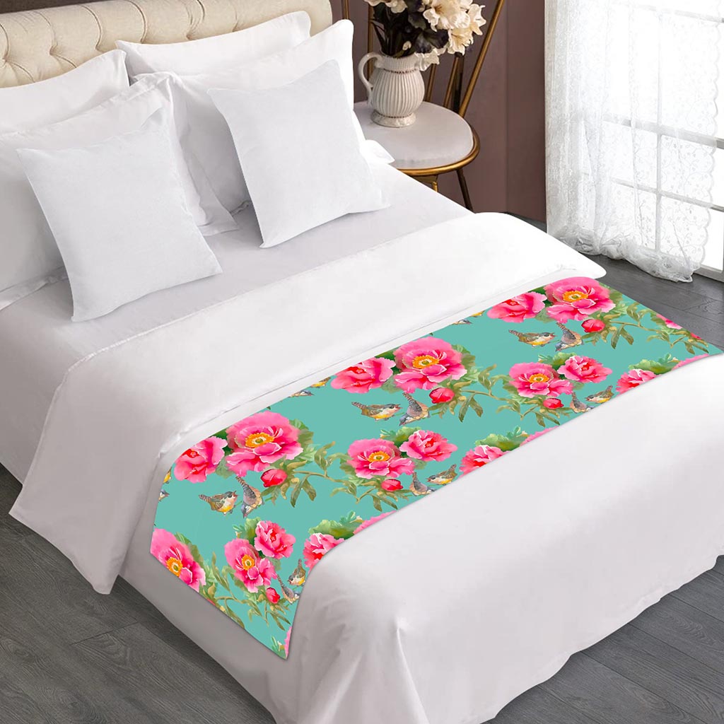 Bird Pink Floral Flower Pattern Print Bed Runner