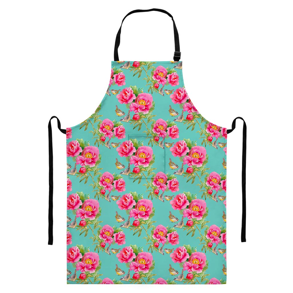 Bird Pink Floral Flower Pattern Print Bib Apron With Pocket