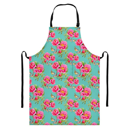 Bird Pink Floral Flower Pattern Print Bib Apron With Pocket