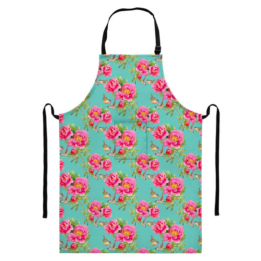 Bird Pink Floral Flower Pattern Print Bib Apron With Pocket