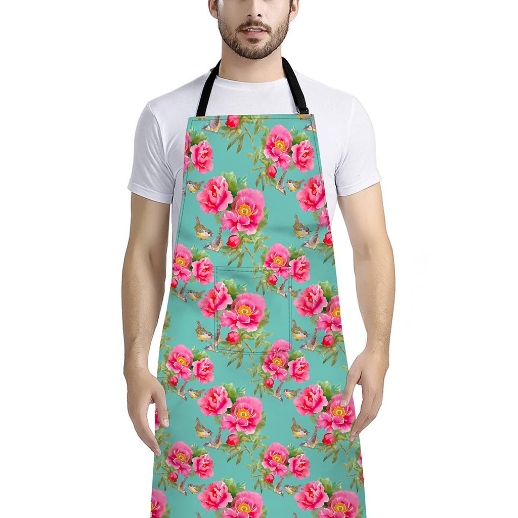 Bird Pink Floral Flower Pattern Print Bib Apron With Pocket