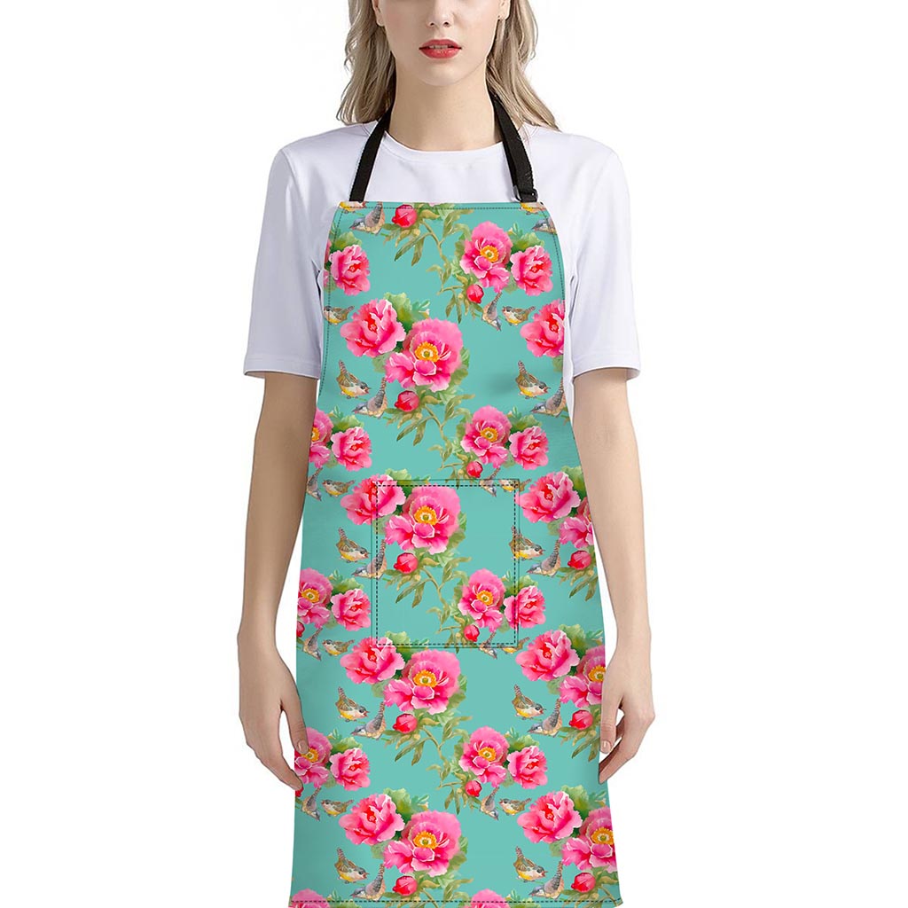 Bird Pink Floral Flower Pattern Print Bib Apron With Pocket