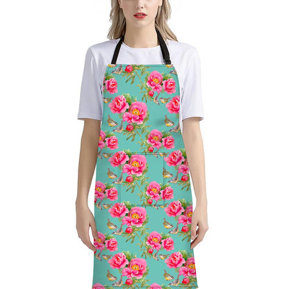 Bird Pink Floral Flower Pattern Print Bib Apron With Pocket