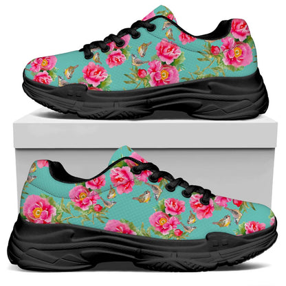 Bird Pink Floral Flower Pattern Print Black Chunky Shoes