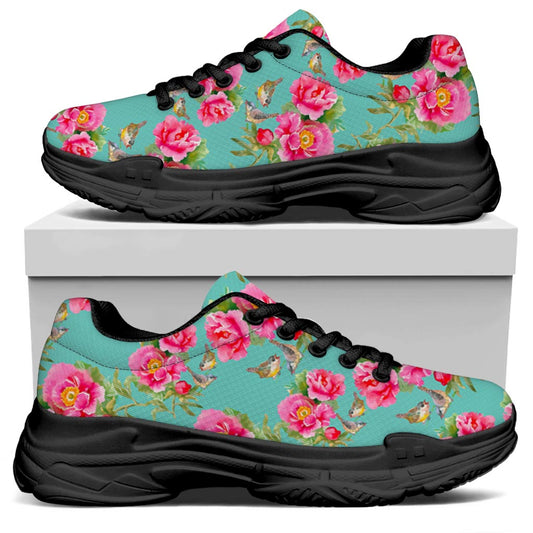 Bird Pink Floral Flower Pattern Print Black Chunky Shoes