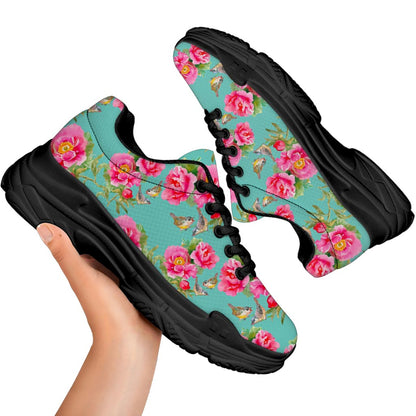 Bird Pink Floral Flower Pattern Print Black Chunky Shoes