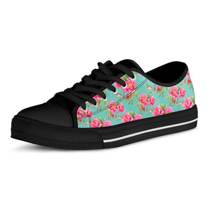 Bird Pink Floral Flower Pattern Print Black Low Top Sneakers