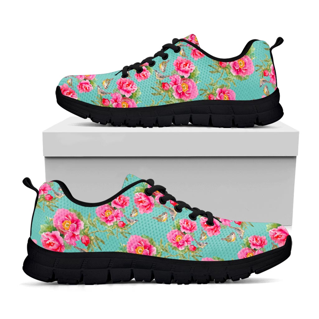 Bird Pink Floral Flower Pattern Print Black Running Shoes