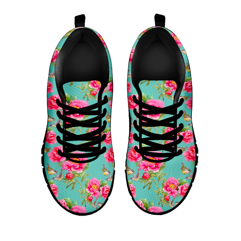 Bird Pink Floral Flower Pattern Print Black Running Shoes