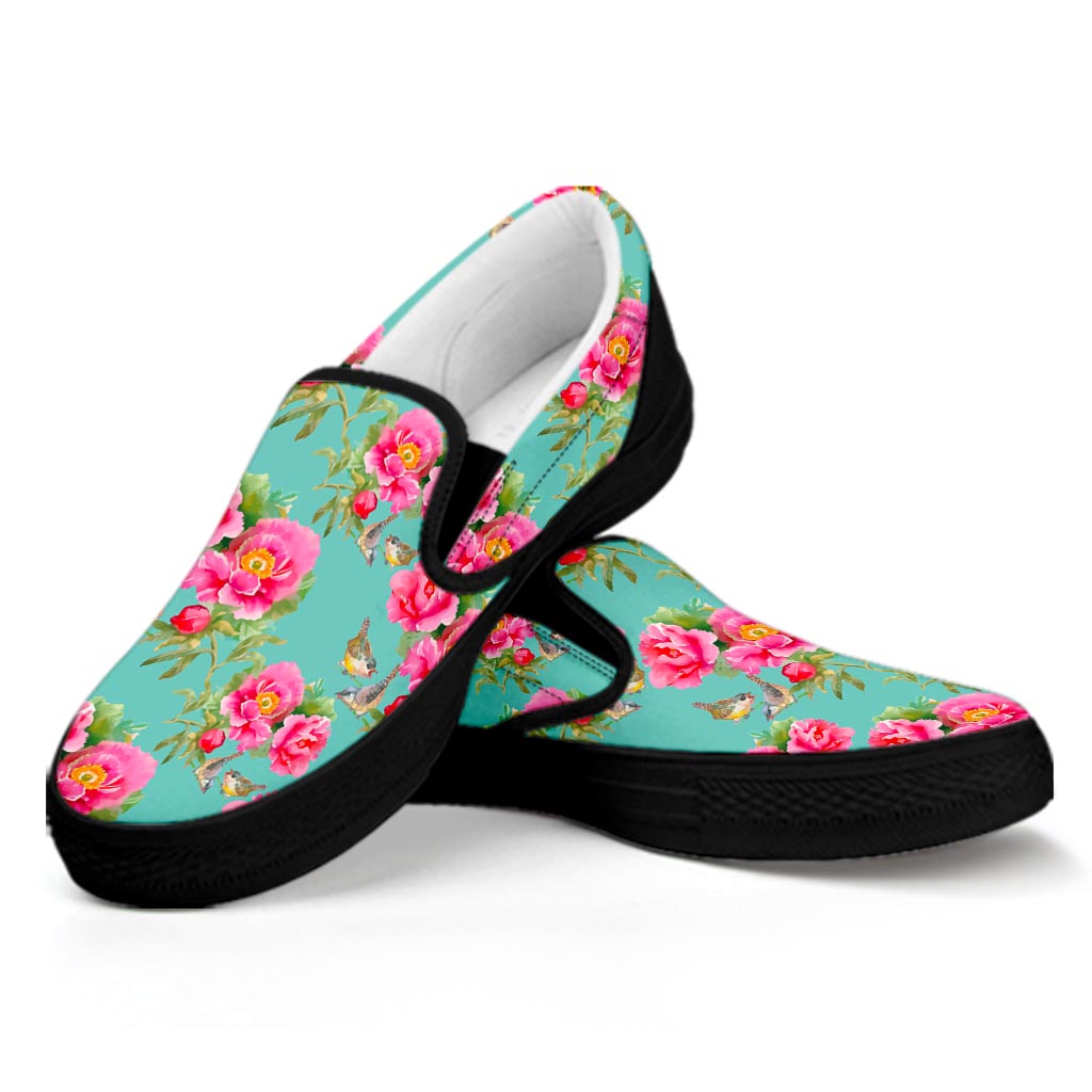 Bird Pink Floral Flower Pattern Print Black Slip On Sneakers