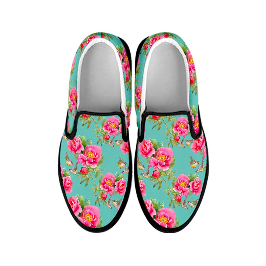 Bird Pink Floral Flower Pattern Print Black Slip On Sneakers