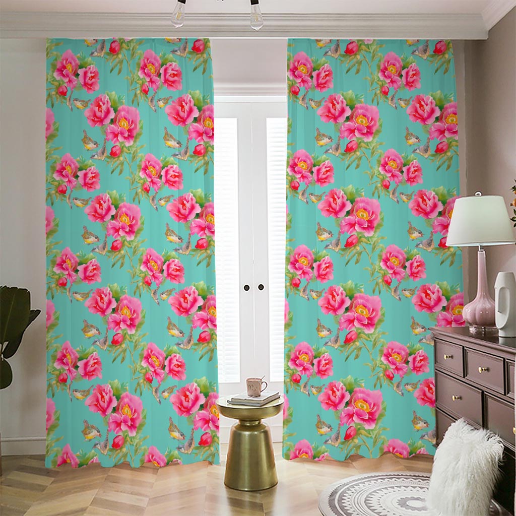 Bird Pink Floral Flower Pattern Print Blackout Pencil Pleat Curtains