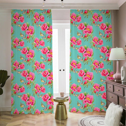 Bird Pink Floral Flower Pattern Print Blackout Pencil Pleat Curtains