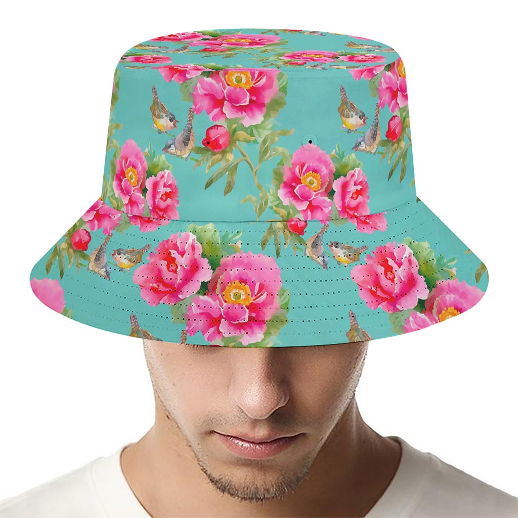 Bird Pink Floral Flower Pattern Print Bucket Hat