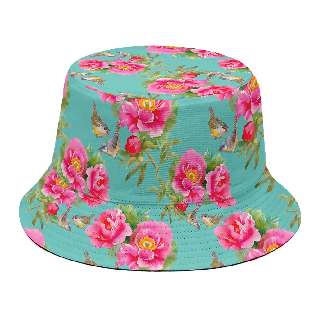Bird Pink Floral Flower Pattern Print Bucket Hat