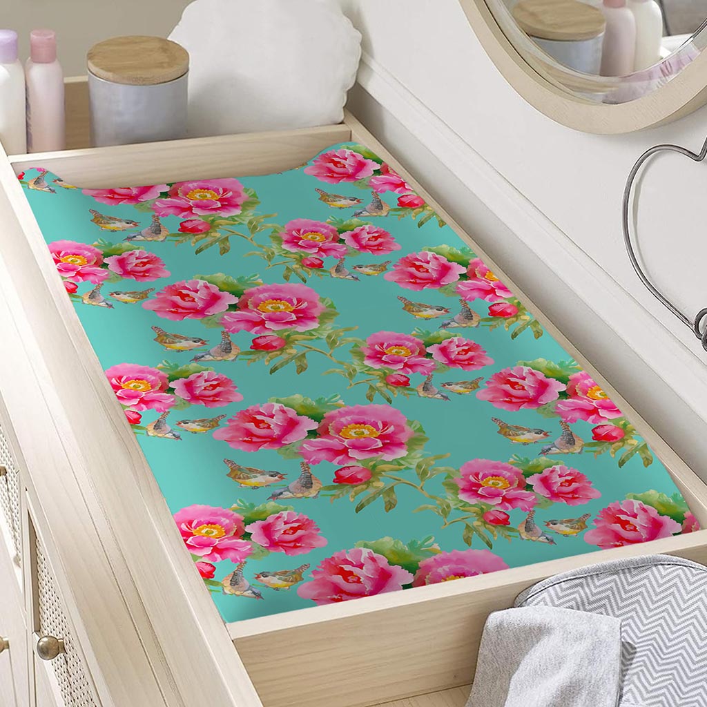 Bird Pink Floral Flower Pattern Print Changing Pad Cover