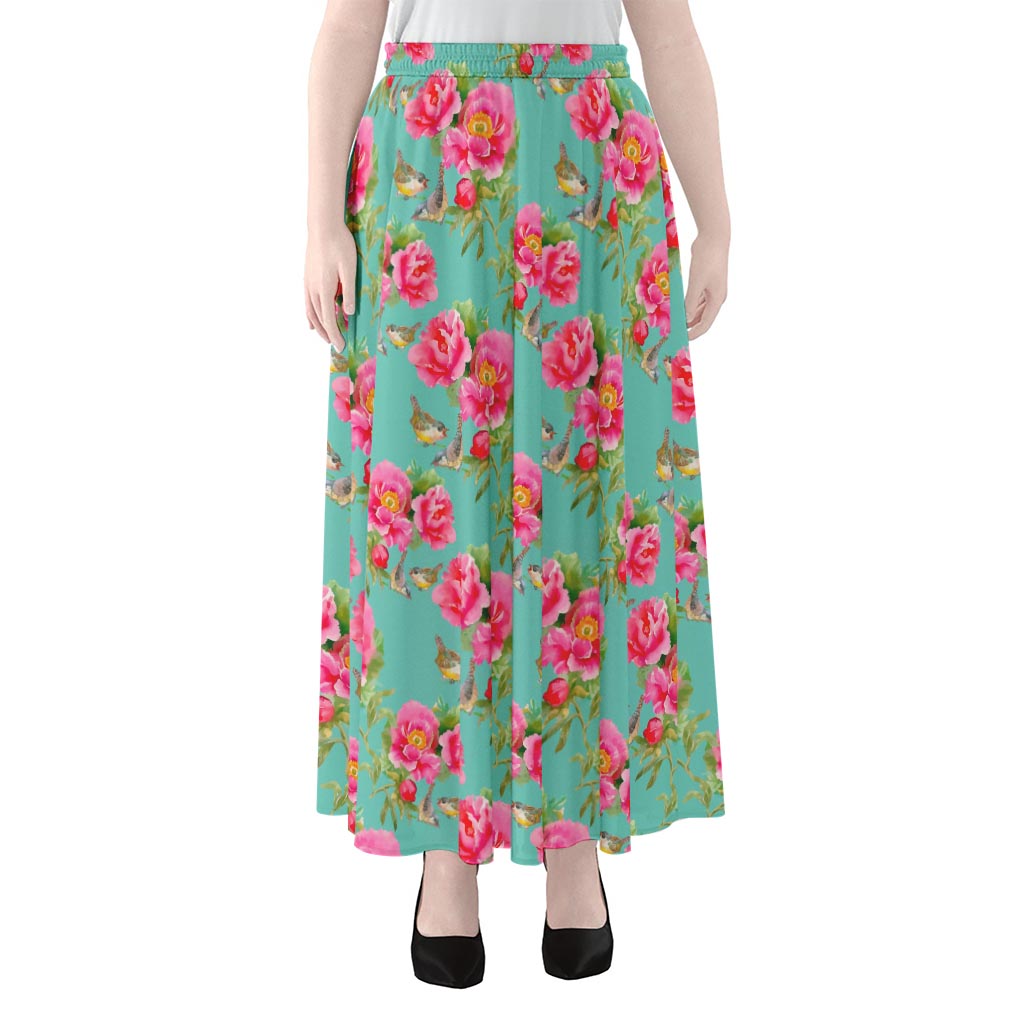 Bird Pink Floral Flower Pattern Print Chiffon Maxi Skirt