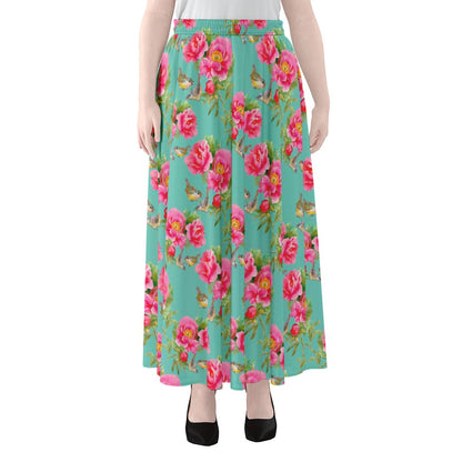 Bird Pink Floral Flower Pattern Print Chiffon Maxi Skirt