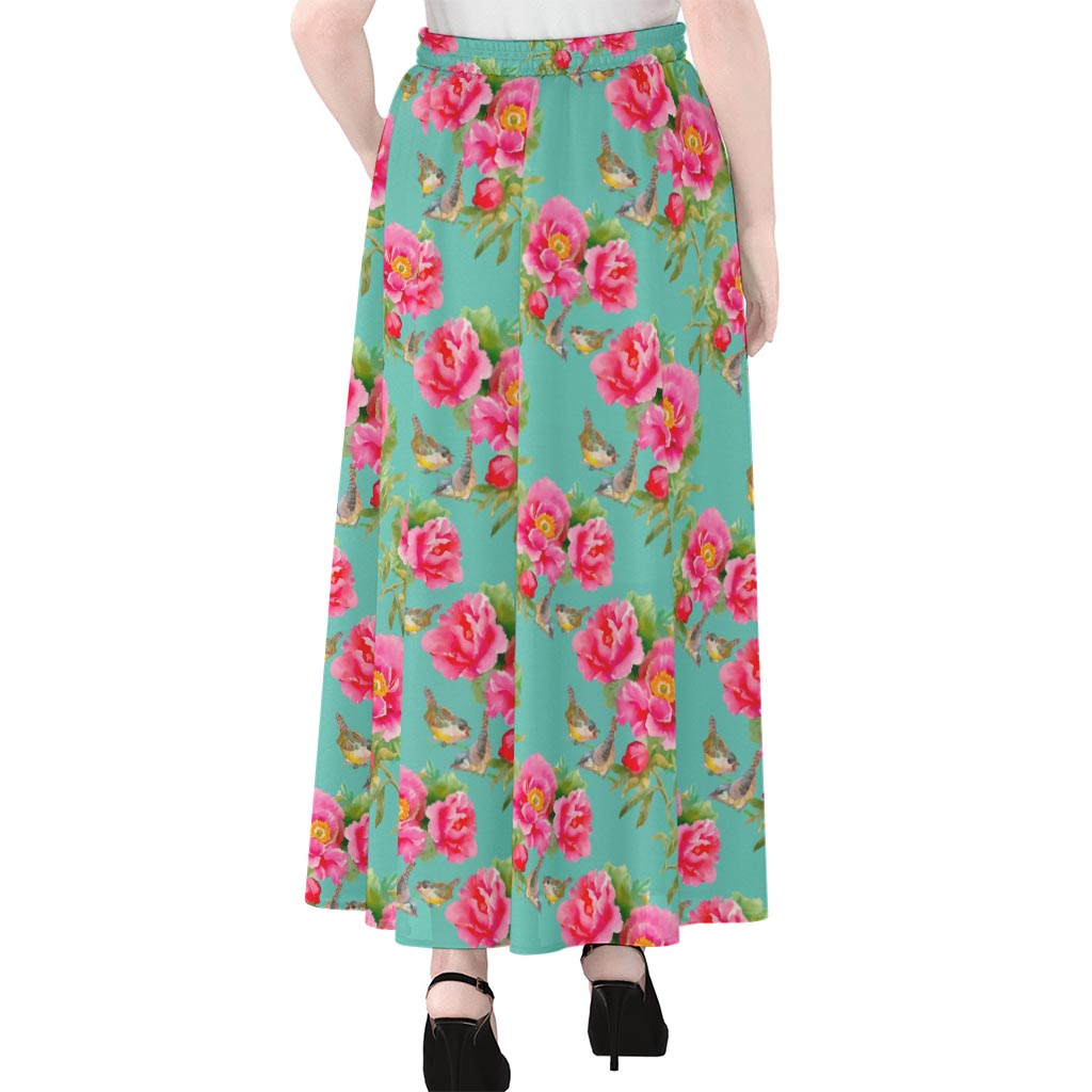 Bird Pink Floral Flower Pattern Print Chiffon Maxi Skirt