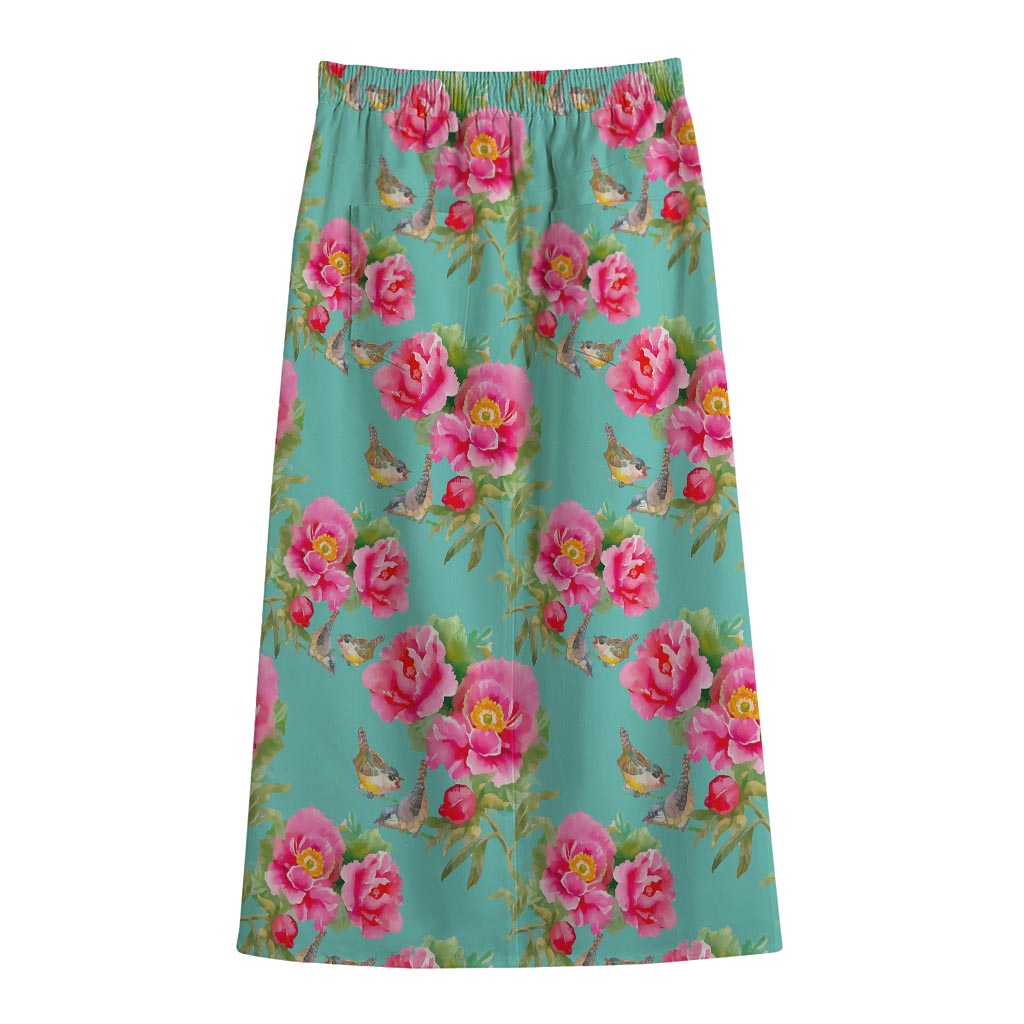 Bird Pink Floral Flower Pattern Print Cotton Front Slit Maxi Skirt