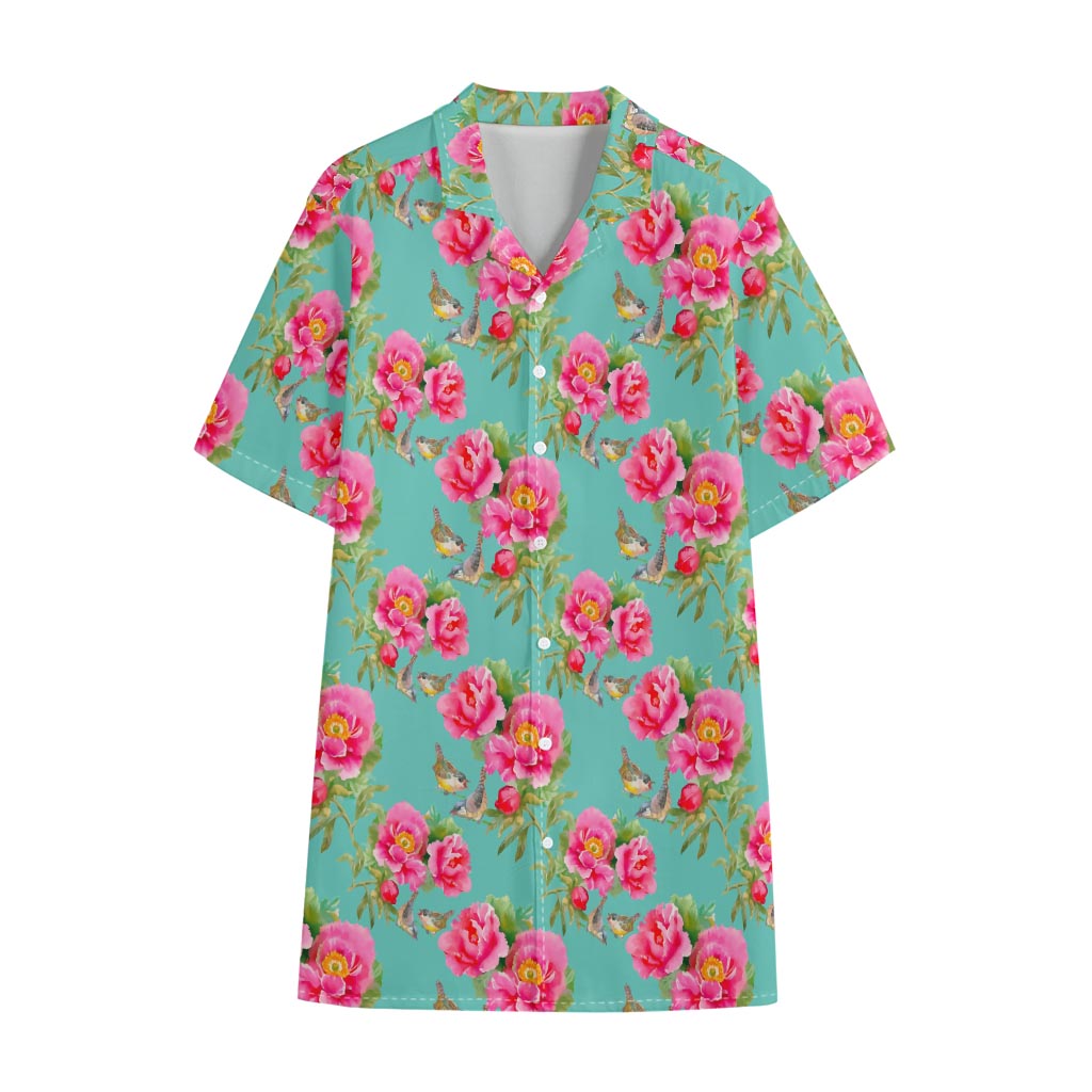 Bird Pink Floral Flower Pattern Print Cotton Hawaiian Shirt