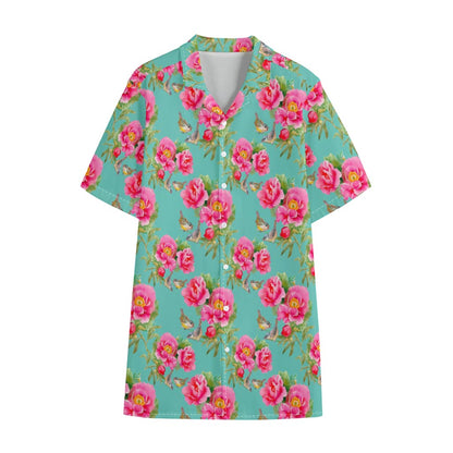 Bird Pink Floral Flower Pattern Print Cotton Hawaiian Shirt