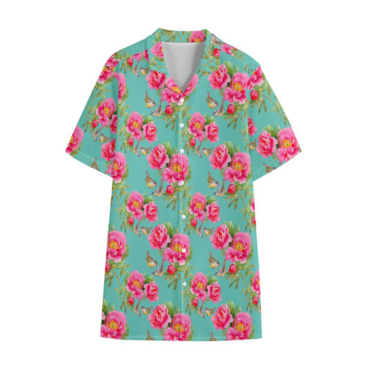 Bird Pink Floral Flower Pattern Print Cotton Hawaiian Shirt