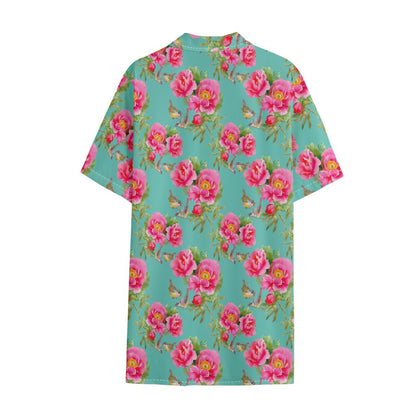 Bird Pink Floral Flower Pattern Print Cotton Hawaiian Shirt