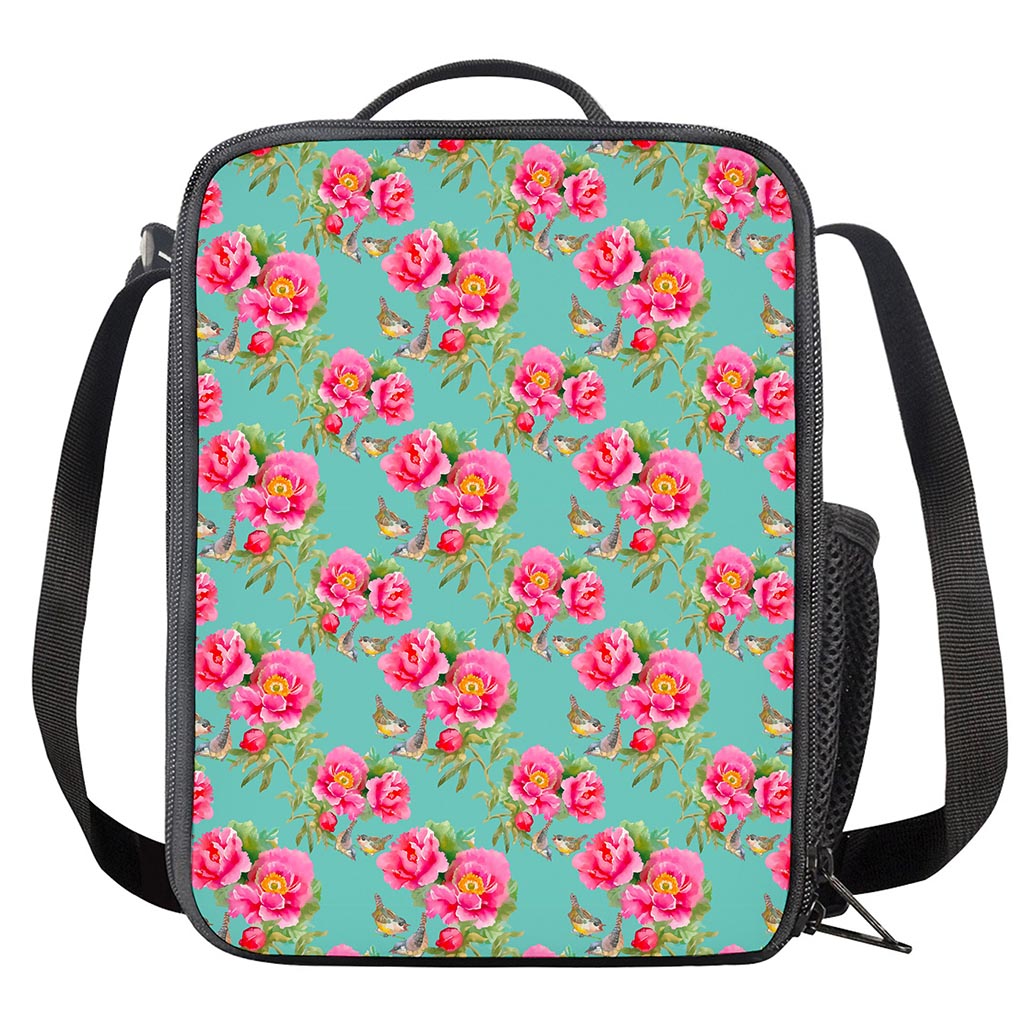 Bird Pink Floral Flower Pattern Print Crossbody Lunch Bag