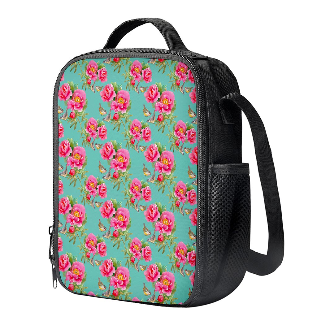 Bird Pink Floral Flower Pattern Print Crossbody Lunch Bag