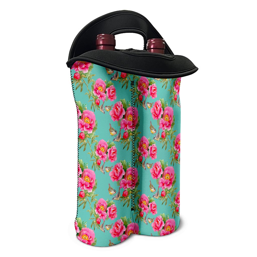 Bird Pink Floral Flower Pattern Print Double Neoprene Wine Tote
