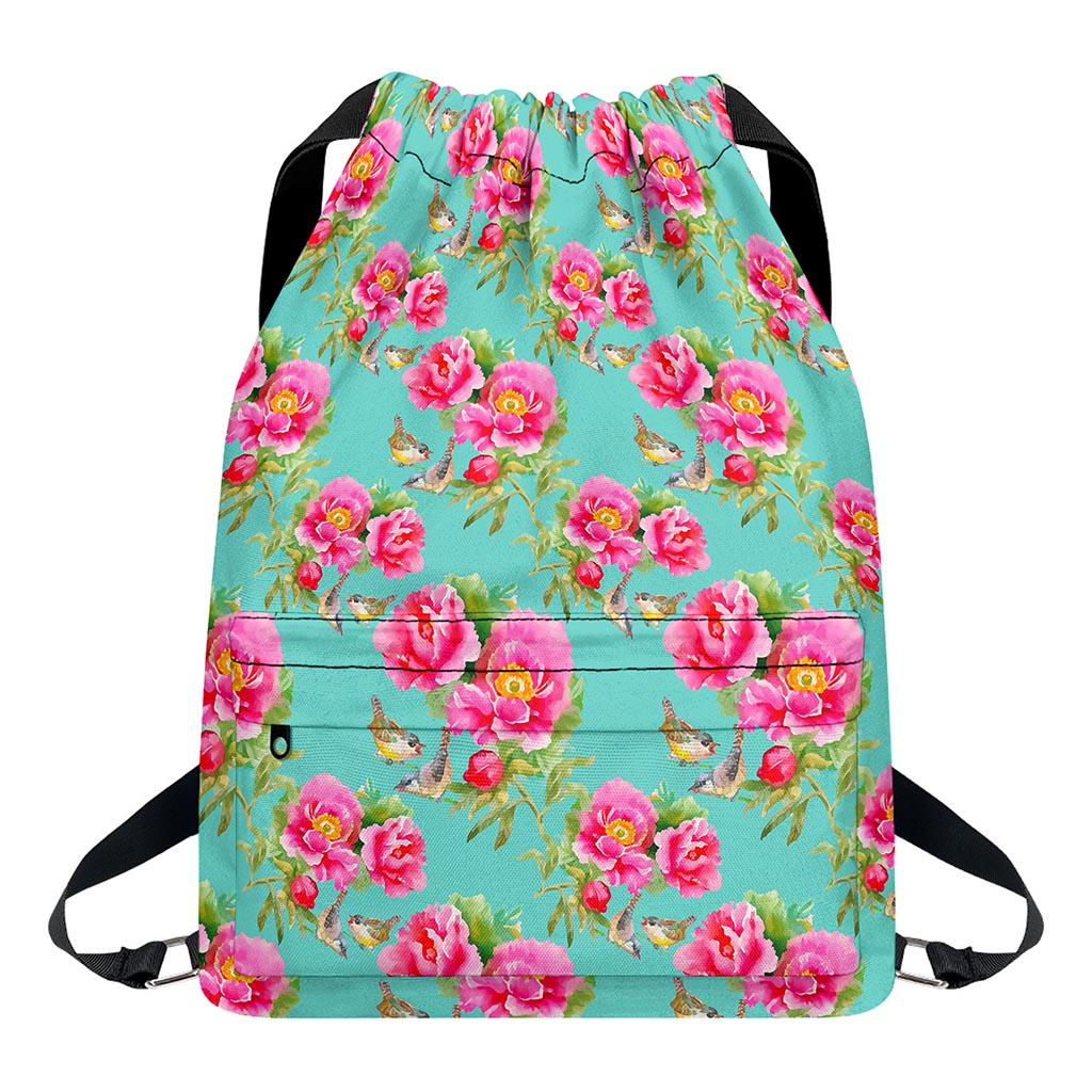 Bird Pink Floral Flower Pattern Print Drawstring Backpack